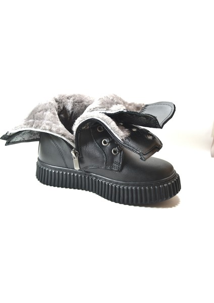 OP.7629 Deri Siyah Kürklü Fermuarlı Kız Çocuk Postal Bot fırsatları