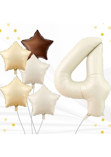 Yaş Retro Bej 34" (76CM) Yaş Balonlu Latte Bej Kahve Yıldız Balon Retro Doğum Günü Yaş Balon Seti