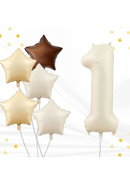 Yaş Retro Bej 34" (76CM) Yaş Balonlu Latte Bej Kahve Yıldız Balon Retro Doğum Günü Yaş Balon Seti