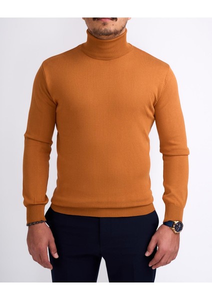 Italyan Stil Slim Fit Triko Balıkçı Yaka Boğazlı Kazak Turuncu T13103