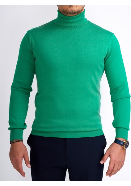 Italyan Stil Slim Fit Triko Balıkçı Yaka Boğazlı Kazak Yeşil T13100