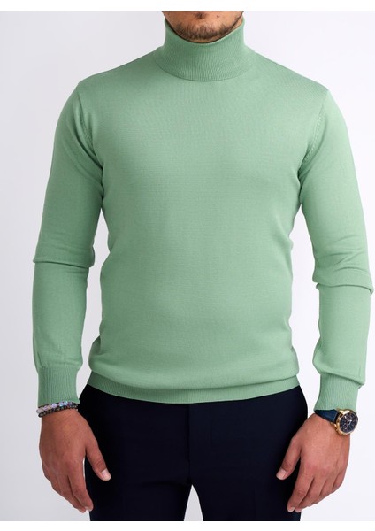 Italyan Stil Slim Fit Triko Balıkçı Yaka Boğazlı Kazak Yeşil T13102