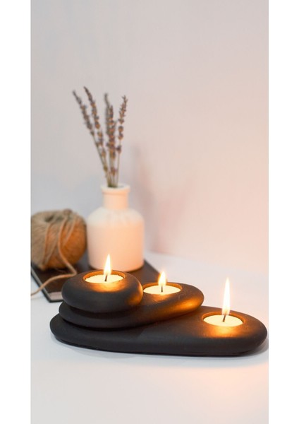 Şık Siyah 3'lü Taş Mumluk Dekoratif Set, Beton Malzeme, 29x15 cm