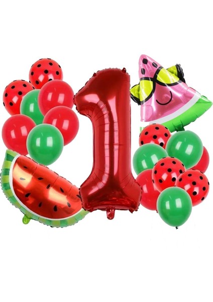 Yaş Karpuz Doğum Günü Konsepti Kırmızı ve Yeşil 7 Yaş Gülen Karpuz Folyo Balon Parti Seti
