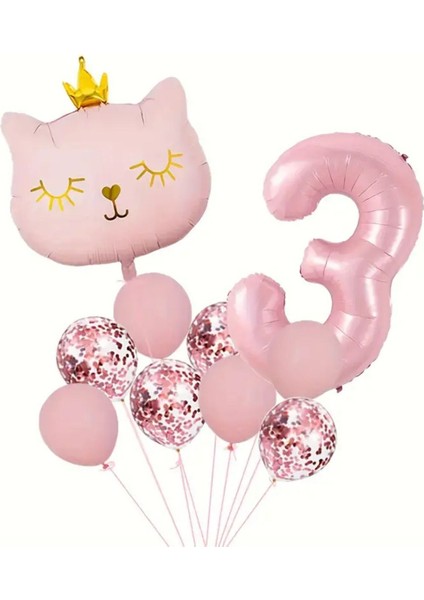 Yaş Doğum Günü Parti Seti Pembe Yaş Balon Kedi ve Konfetili Folyo Balon Parti Seti