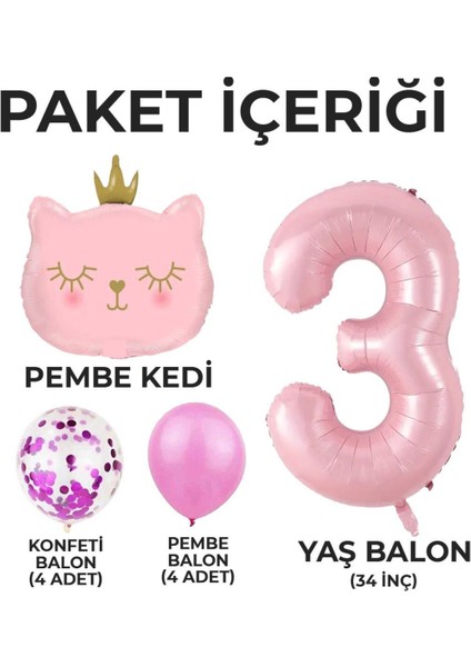 Yaş Doğum Günü Parti Seti Pembe Yaş Balon Kedi ve Konfetili Folyo Balon Parti Seti