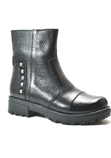 OP.100 Deri Siyah Kürklü Fermuarlı Kız Çocuk Yarım Çizme fiyatları