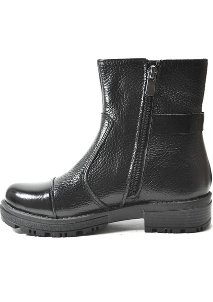 OP.100 Deri Siyah Kürklü Fermuarlı Kız Çocuk Yarım Çizme modelleri