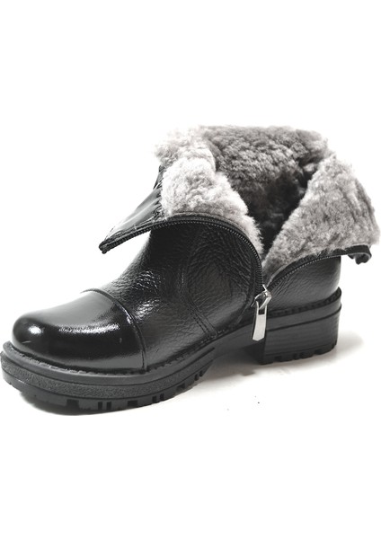 OP.100 Deri Siyah Kürklü Fermuarlı Kız Çocuk Yarım Çizme fırsatları