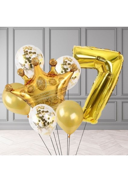 7 Yaş Doğum Günü Kral Taç Folyo Balon Rakam Gold Konfetili Yaş Balon Parti Seti