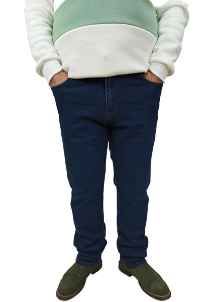 Erkek Denim Yüksek Bel Fermuarlı Regular Fit Likralı Koyu Mavi Kot Pantolon