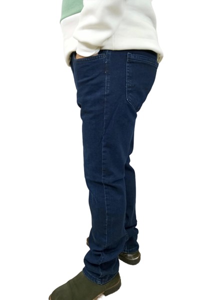 Erkek Denim Yüksek Bel Fermuarlı Regular Fit Likralı Koyu Mavi Kot Pantolon