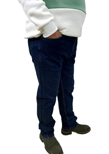 Erkek Denim Yüksek Bel Fermuarlı Regular Fit Likralı Koyu Mavi Kot Pantolon