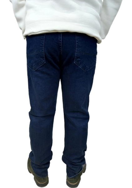 Erkek Denim Yüksek Bel Fermuarlı Regular Fit Likralı Koyu Mavi Kot Pantolon