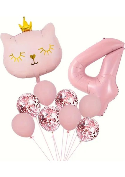 4 Yaş Doğum Günü Parti Seti Pembe Yaş Balon Kedi ve Konfetili Folyo Balon Parti Seti
