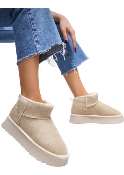 Kürklü Kalın Taban Kısa Spor Kadın Bot BEJ modelleri