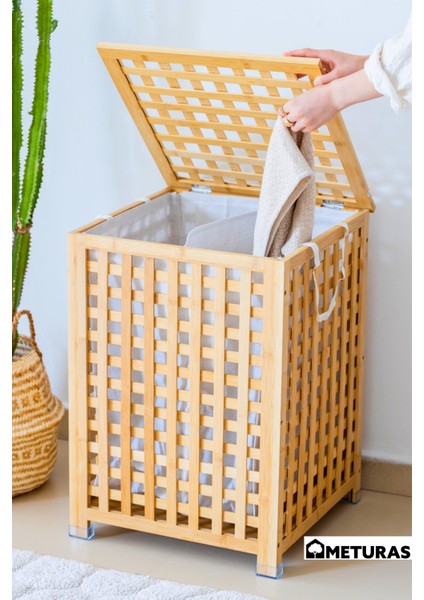 Bambu Çok Amaçlı Sepet – 45x45x62 cm, Kirli ve Oyuncak Sepeti Havalandırmalı Örgü Tasarım Jüt Kumaş Astar Çamaşır Sepeti modelleri