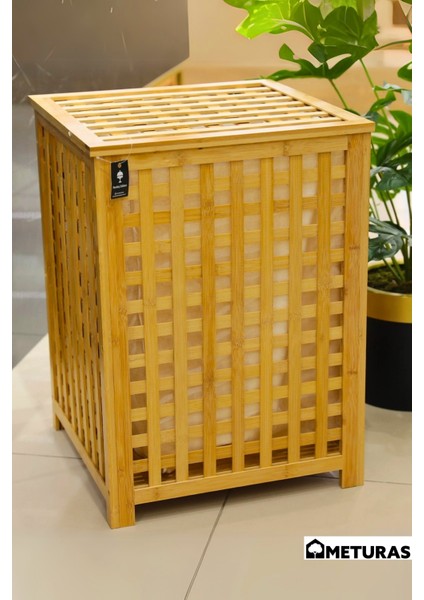 Bambu Çok Amaçlı Sepet – 45x45x62 cm, Kirli ve Oyuncak Sepeti Havalandırmalı Örgü Tasarım Jüt Kumaş Astar Çamaşır Sepeti