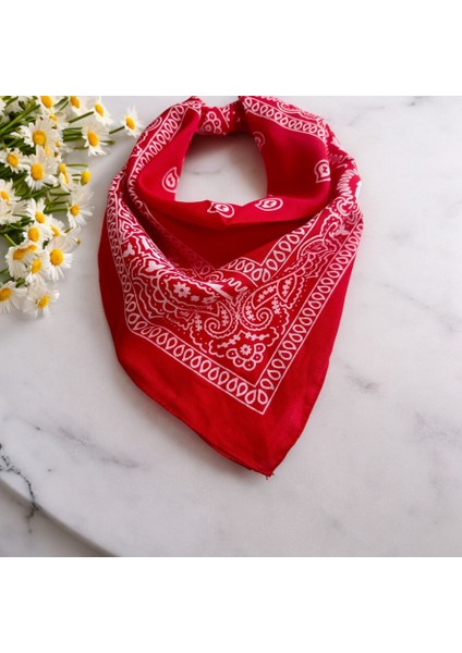 Kadın Kırmızı Renk Etnik Desenli %100 Koton Bandana, Saç Bandı