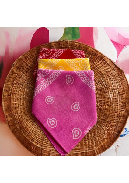 Kadın Kırmızı, Sarı ve Pembe Renk Etnik Desenli 3'lü %100 Koton Bandana, Saç Bandı