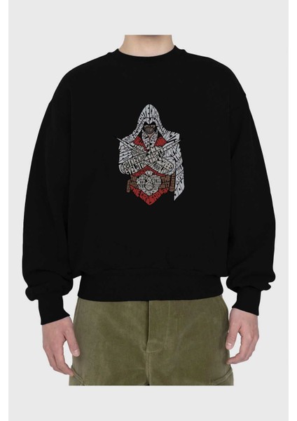 Assassins Ön Baskılı Siyah Oversize Sweatshirt Erkek Kadın Bisiklet Yaka fiyatları