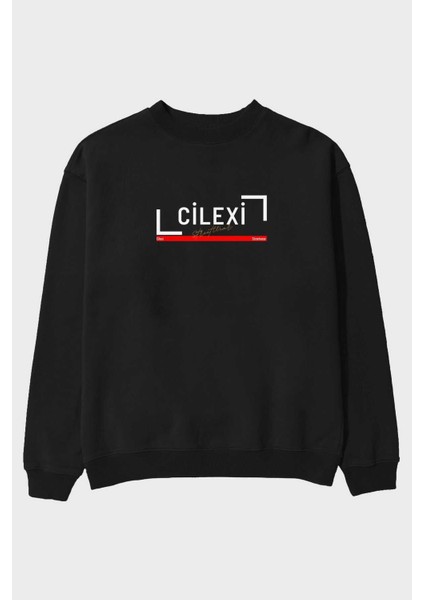 Cilexi Yazılı Ön Baskılı Siyah Oversize Sweatshirt Erkek Kadın Bisiklet Yaka
