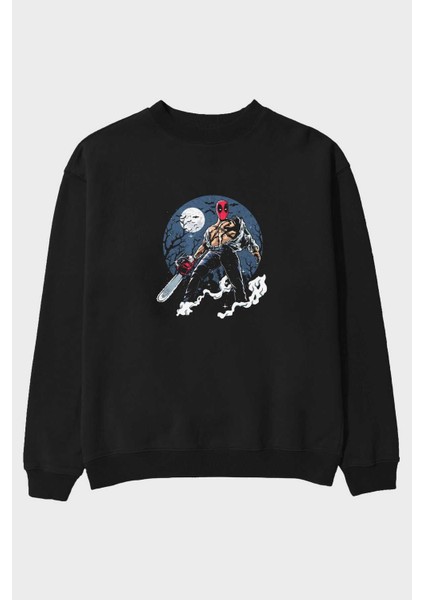 Evil Deadpool Ön Baskılı Siyah Oversize Sweatshirt Erkek Kadın Bisiklet Yaka