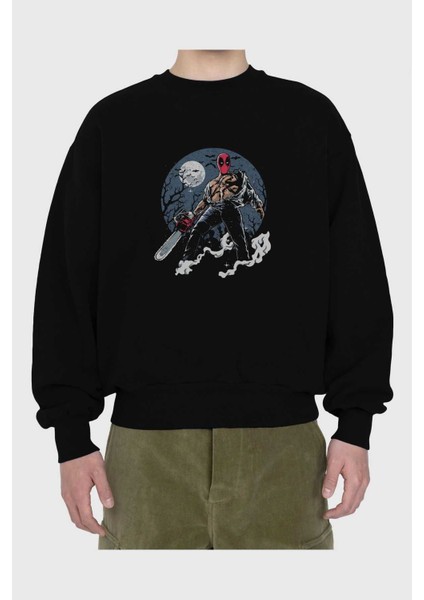 Evil Deadpool Ön Baskılı Siyah Oversize Sweatshirt Erkek Kadın Bisiklet Yaka fiyatları