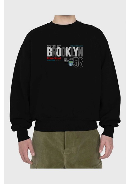 Brooklyn 56 Ön Baskılı Siyah Oversize Sweatshirt Erkek Kadın Bisiklet Yaka fiyatları
