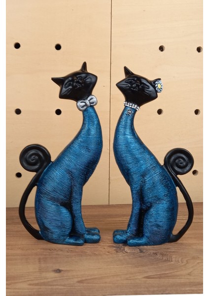 Tekno Trust Dekoratif Ikili Kedi Biblo Polyester Mavi Ev ve Ofis Dekorasyon Aksesuarları