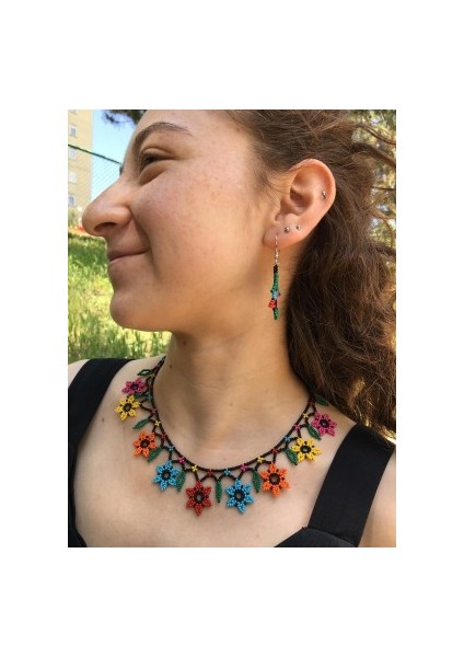 Ebruli Çiçekli Otantik Kolye Küpe Seti