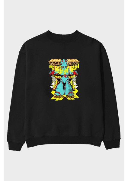 Robo Zombie Ön Baskılı Siyah Oversize Sweatshirt Erkek Kadın Bisiklet Yaka