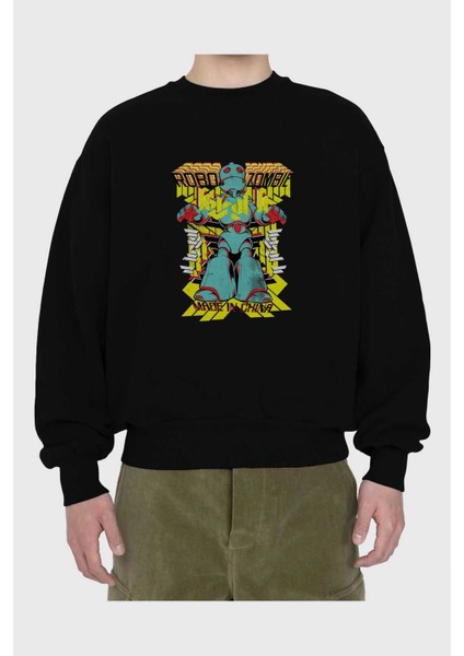 Robo Zombie Ön Baskılı Siyah Oversize Sweatshirt Erkek Kadın Bisiklet Yaka fiyatları