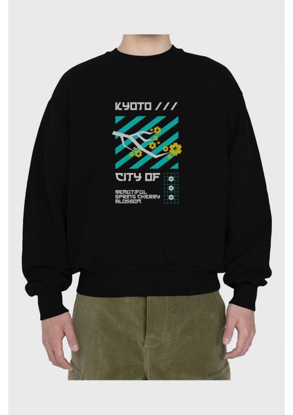 Kyoto City Of Cherry Blossom Ön Baskılı Siyah Oversize Sweatshirt Erkek Kadın Bisiklet Yaka fiyatları