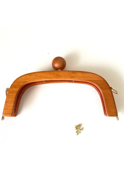 Çanta Bursu Ahşap Oval Boncuklu Sütlü Kahve ve Metal Şeritli 20 cm