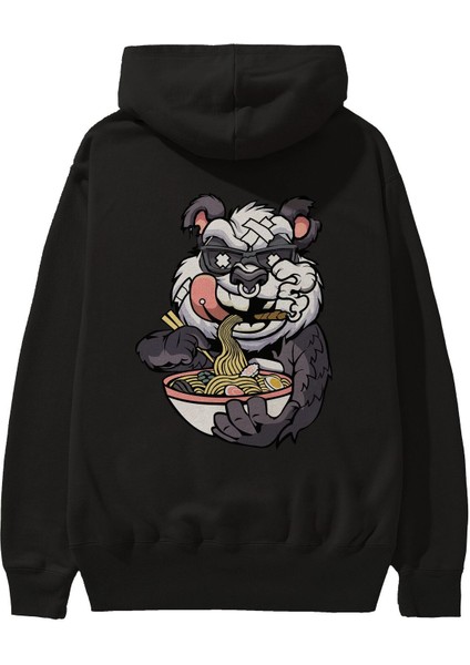 Panda Ramen Arka Baskılı Siyah Oversize Kapüşonlu Sweatshirt Erkek Kadın