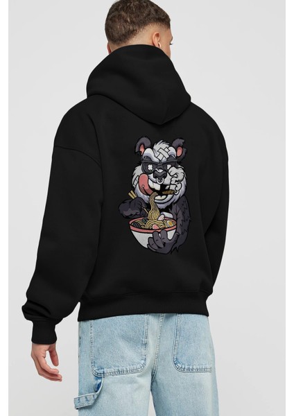 Panda Ramen Arka Baskılı Siyah Oversize Kapüşonlu Sweatshirt Erkek Kadın fiyatları