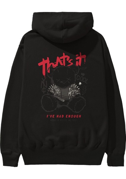 Thats It Bear Arka Baskılı Siyah Oversize Kapüşonlu Sweatshirt Erkek Kadın