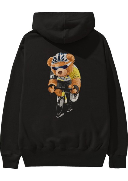 Teddy Bear Sport Boy Arka Baskılı Siyah Oversize Kapüşonlu Sweatshirt Erkek Kadın