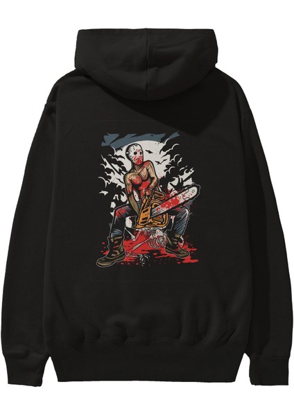 Chainsaw Killer Arka Baskılı Siyah Oversize Kapüşonlu Sweatshirt Erkek Kadın