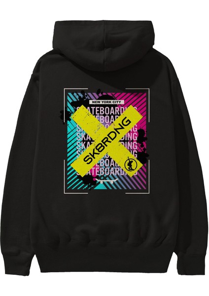 Skatebording Arka Baskılı Siyah Oversize Kapüşonlu Sweatshirt Erkek Kadın