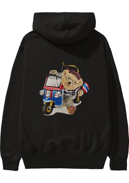 Teddy Bear Hop-On Arka Baskılı Siyah Oversize Kapüşonlu Sweatshirt Erkek Kadın