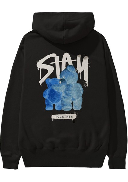 Stay Together Bear Arka Baskılı Siyah Oversize Kapüşonlu Sweatshirt Erkek Kadın