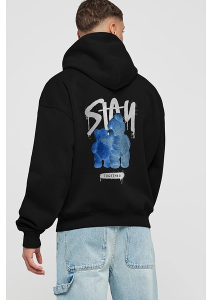 Stay Together Bear Arka Baskılı Siyah Oversize Kapüşonlu Sweatshirt Erkek Kadın fiyatları