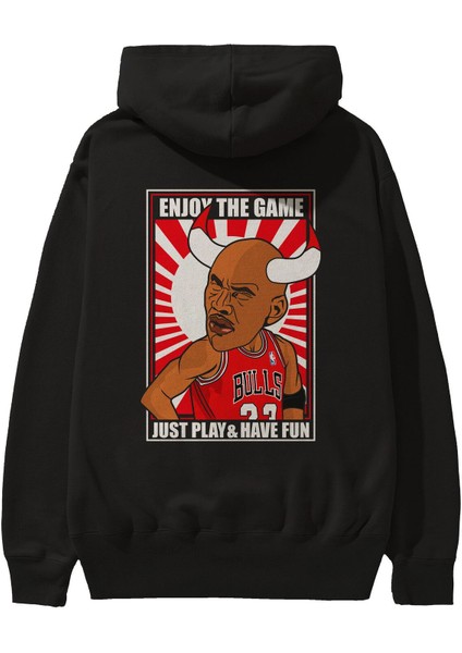Michael Jordan Arka Baskılı Siyah Oversize Kapüşonlu Sweatshirt Erkek Kadın