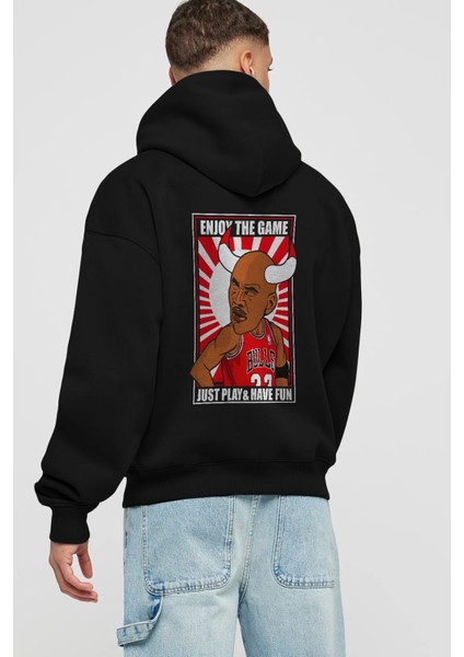 Michael Jordan Arka Baskılı Siyah Oversize Kapüşonlu Sweatshirt Erkek Kadın