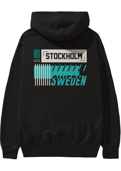 Stockholm Arka Baskılı Siyah Oversize Kapüşonlu Sweatshirt Erkek Kadın