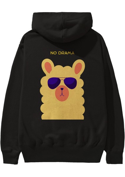 No Drama Yazılı Lama Arka Baskılı Siyah Oversize Kapüşonlu Sweatshirt Erkek Kadın