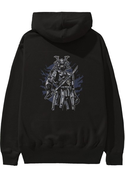 Samurai Robot Skull Arka Baskılı Siyah Oversize Kapüşonlu Sweatshirt Erkek Kadın