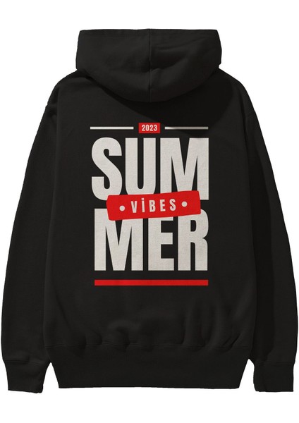 Summer Vibes 2 Arka Baskılı Siyah Oversize Kapüşonlu Sweatshirt Erkek Kadın